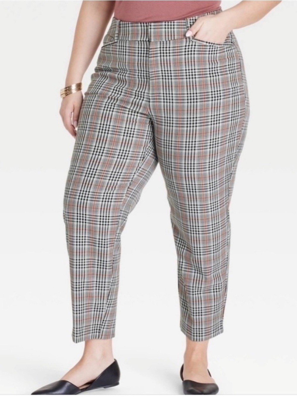Ava & Viv Cropped Plaid Straight-Leg Pants in Cream Black & Rust( orange)